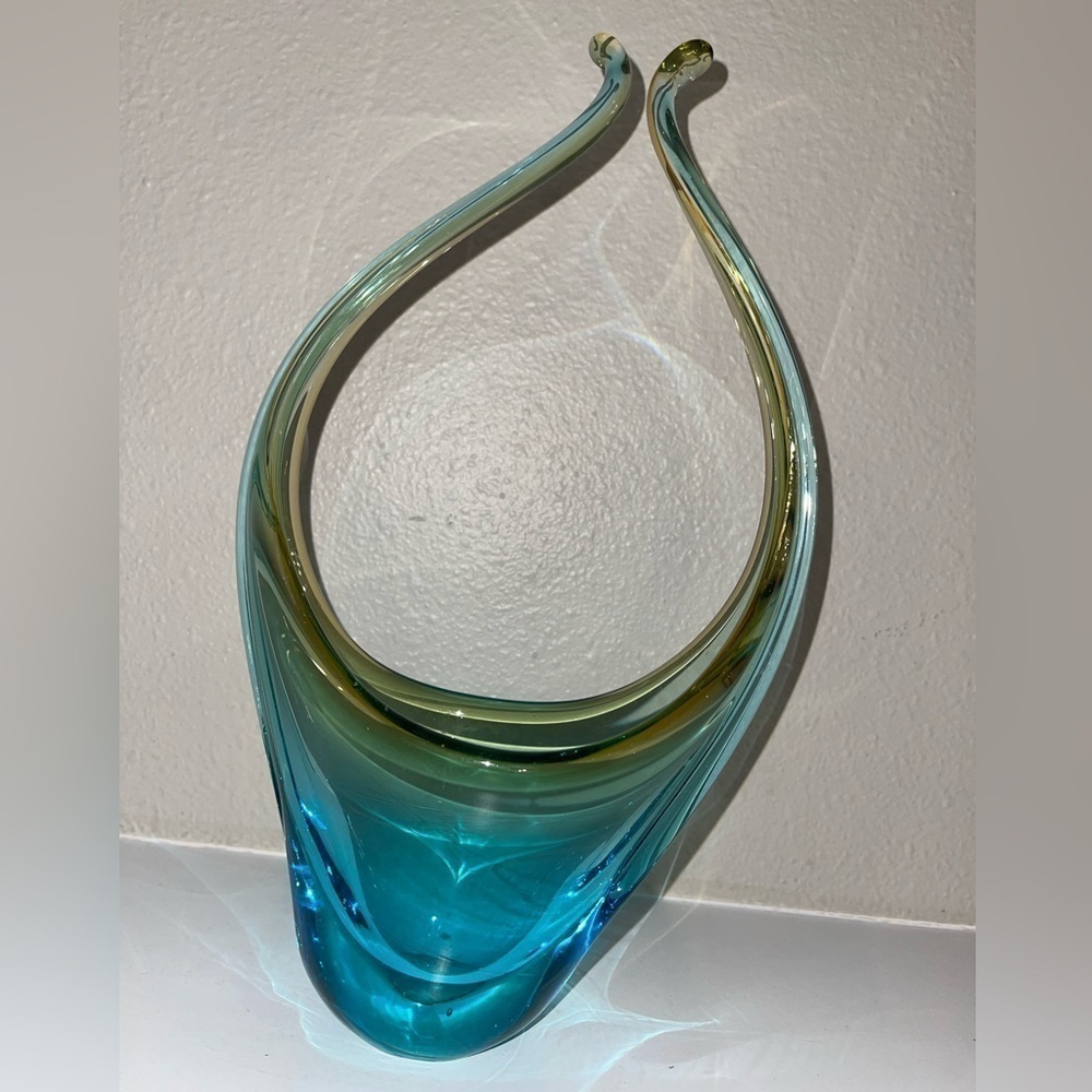 VTG MURANO ART GLASS SEGUSO FLAVIO POLI BASKET GREEN AND AMBER